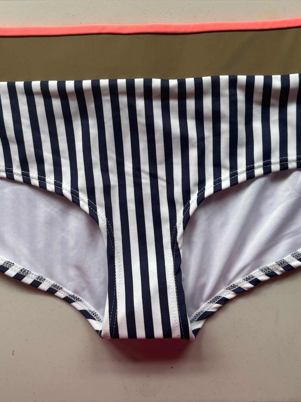 Seea Navy & White Striped Bikini Bottom with Olive Waistband and Coral Trim